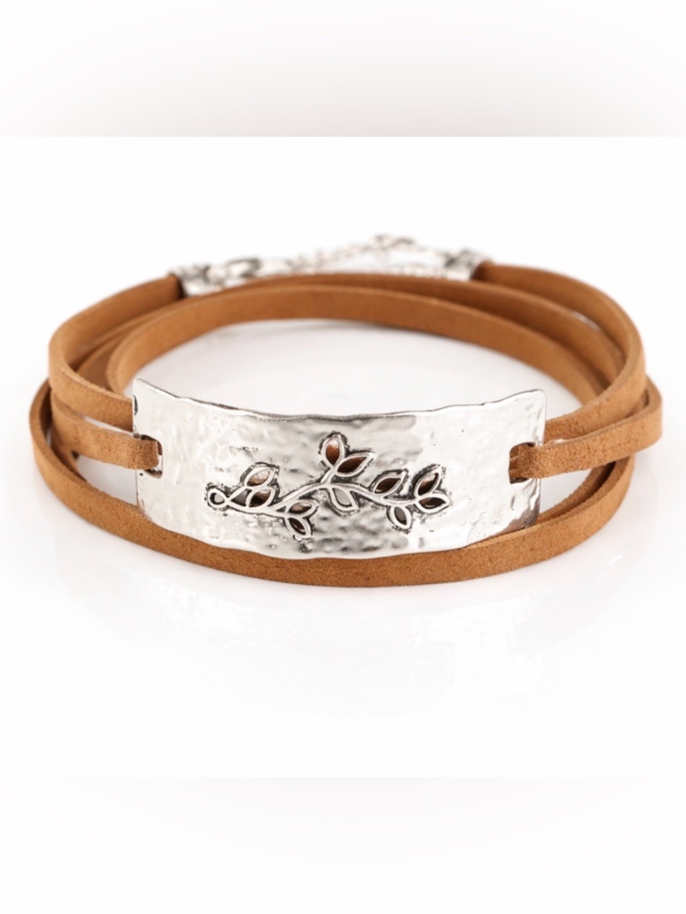 Silver Hammered Leaf Wrap Bracelet Brown Suede Double Wrap Adjustable Rustic